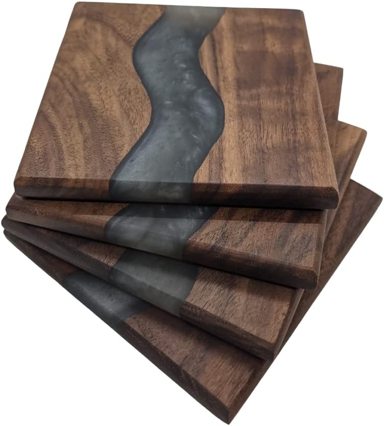 Generic Wood Coaster Set for Drinks | Handmade with Dark Walnut & Natural Wood Sealant Finish for Water Resistance,Easy Cleaning & No Stains | Epoxy Resin River (4 Pieces) (Black)