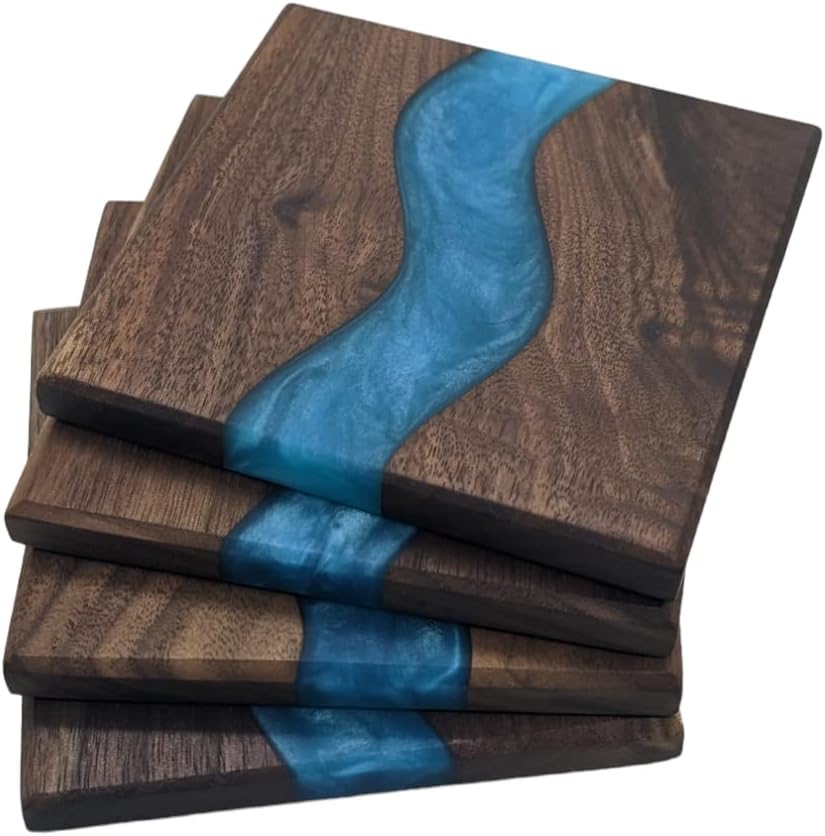 Generic Wood Coaster Set for Drinks | Handmade with Dark Walnut & Natural Wood Sealant Finish for Water Resistance,Easy Cleaning & No Stains | Epoxy Resin River (4 Pieces) (Black)