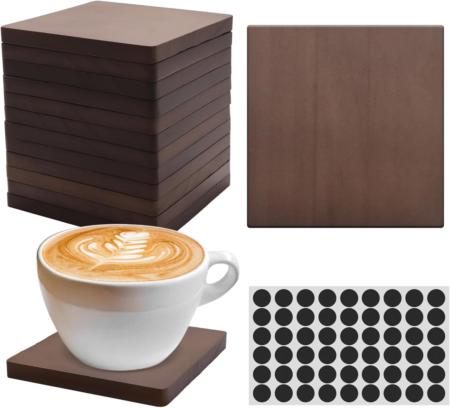 60 PCS Unfinished Square Wood Coasters, SIJDIEE 4 Inch Blank Wooden Craft Coasters with Non-Slip Foam Pad Stickers for DIY Burning Stained Painting Wood Engraving Home Decoration Supplies