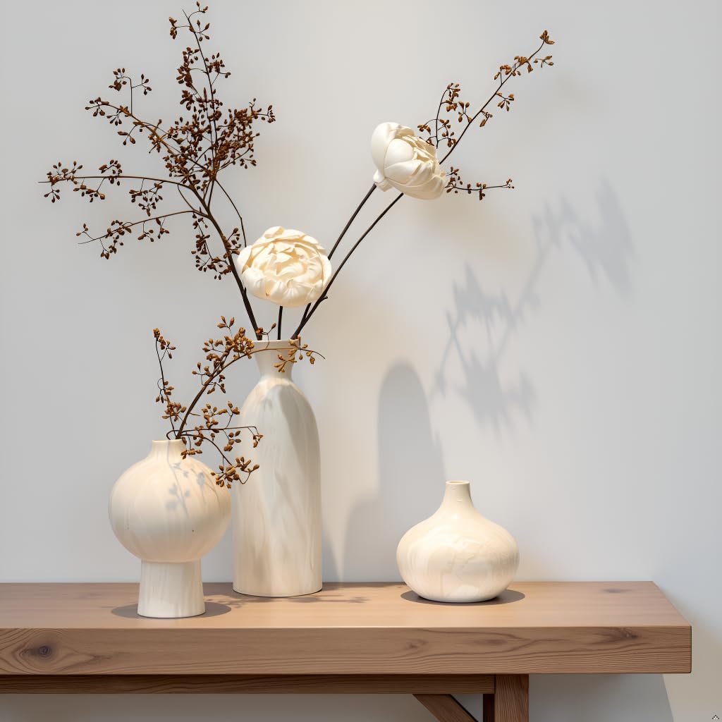 White Ceramic Vase Set of 3 in Beige, Modern Aesthetic Stone-Look Textured Pottery Vases for Shelf & Bookshelf Home Decor, Neutral Minimalist Decorative Vases for Flowers & Pampas Grass