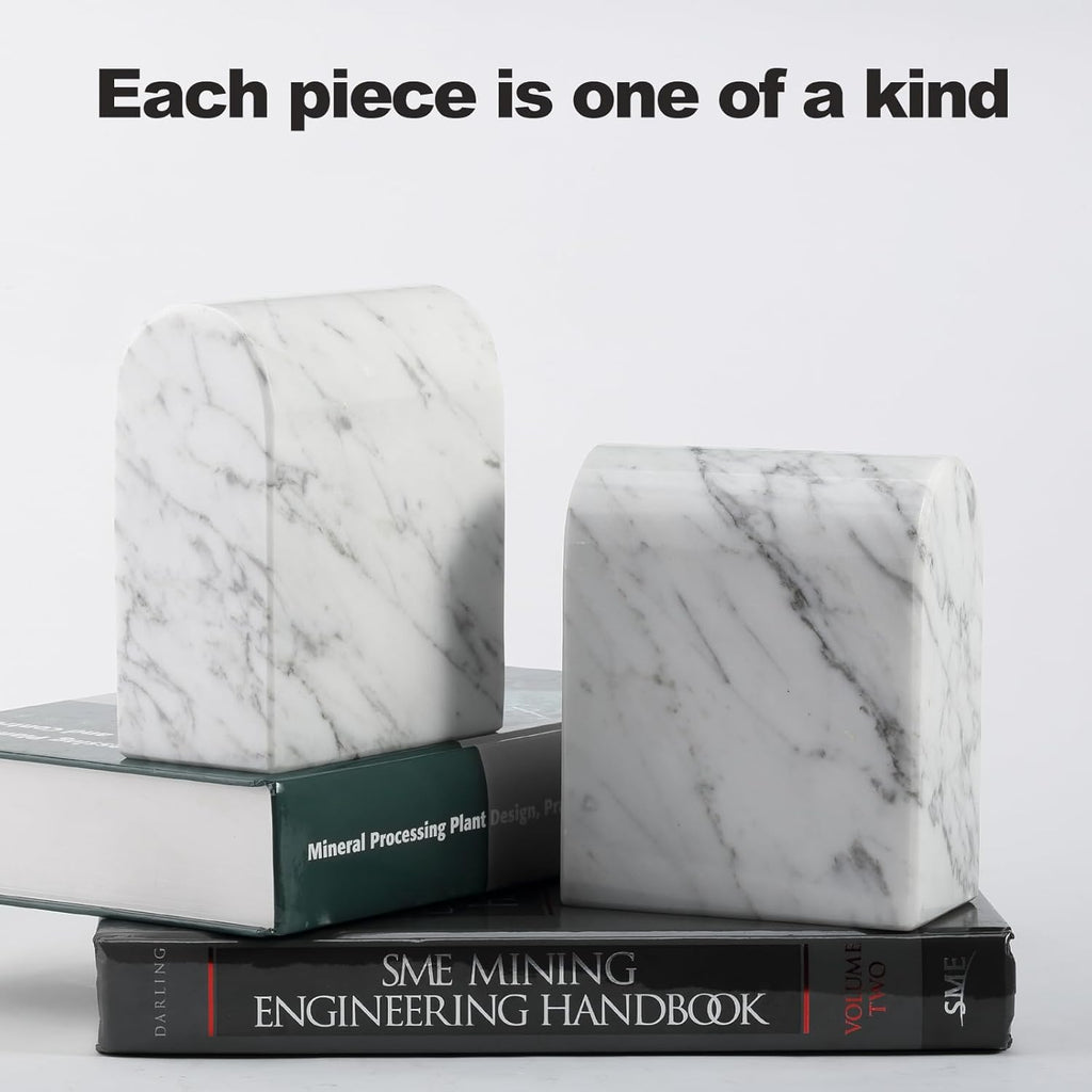 Koville Natural Italian Marble Bookends for Shelves, Book Ends for Heavy Books, 13LBS Ultra Heavy Duty Book Holders, Triumphal Arch Bookends Office Bookshelf Decor for CDs/Video Games(Bianco Carrara)