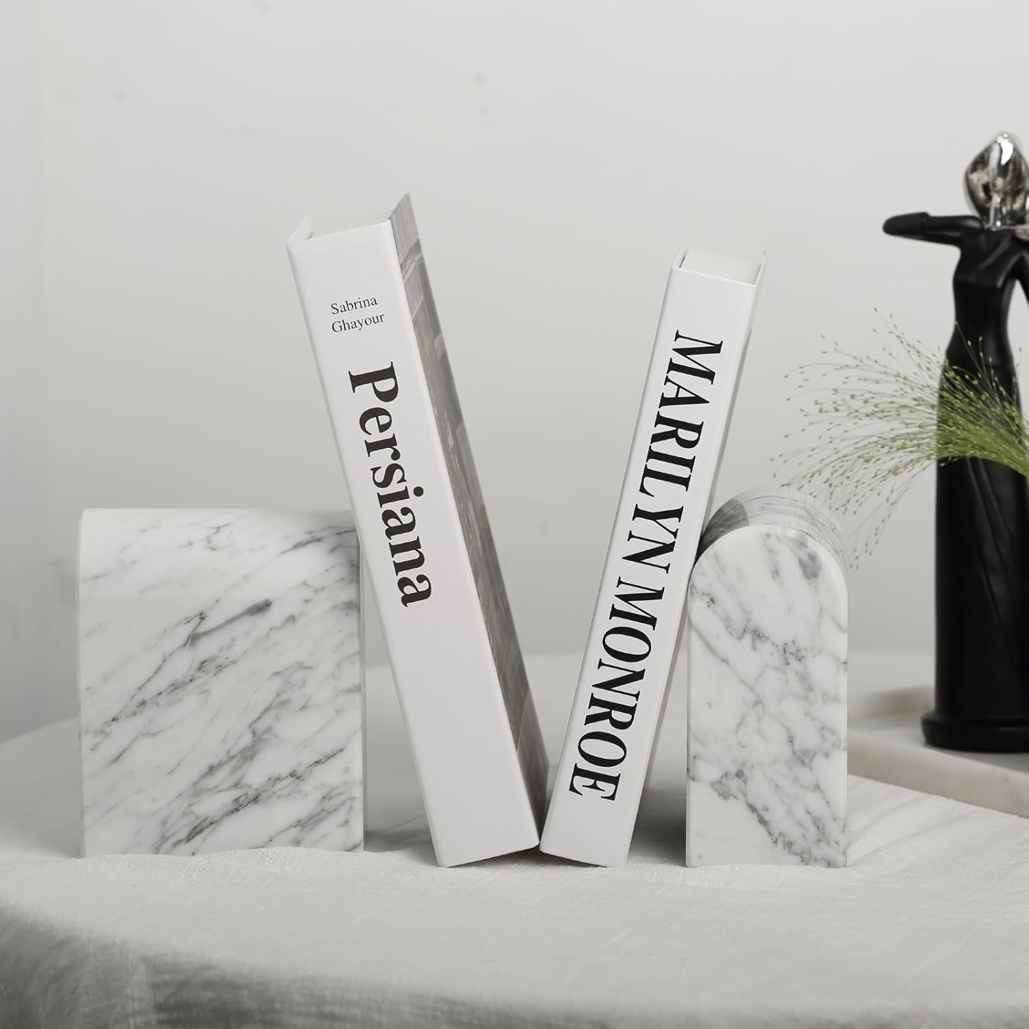 Koville Natural Italian Marble Bookends for Shelves, Book Ends for Heavy Books, 13LBS Ultra Heavy Duty Book Holders, Triumphal Arch Bookends Office Bookshelf Decor for CDs/Video Games(Bianco Carrara)