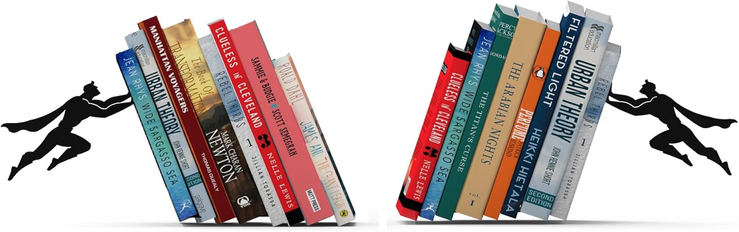 Artori Design Book Ends to Hold Books Heavy Duty Hidden Metal Bookends for Shelves Bookend Book Holder for Home Decorative Gift for Book End Lovers and Home Décor (Supergal+Book&Hero)
