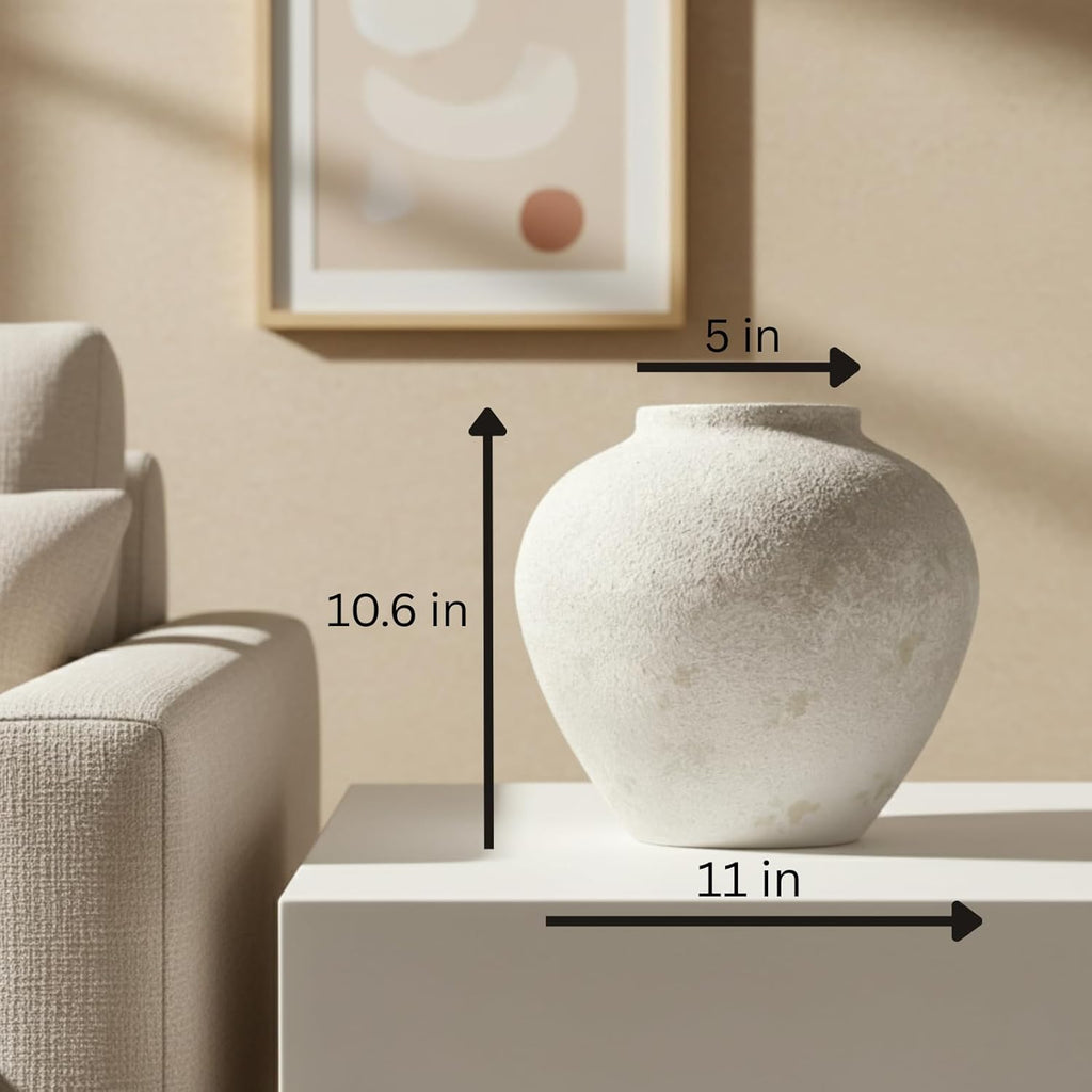White Rustic Large Round Vase for Table Centerpieces 11 inches, Arina Vase, Earthy Stone Look, Textured, Modern Homes Farmhouse Centerpiece Decor