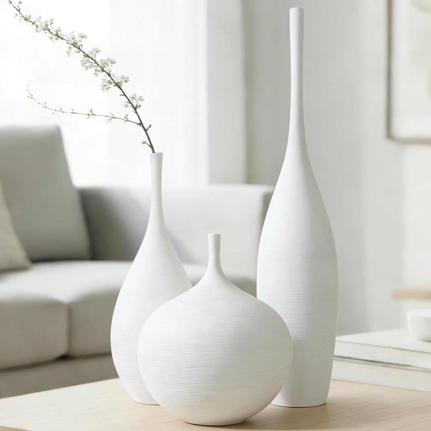 White Ceramic Vase Set of 3, Modern Boho Vases for Centerpiece Decor, Matte Minimalist Decorative White Vases Home Decor, for Living Room, Bookshelf, and Entryway Table Decor