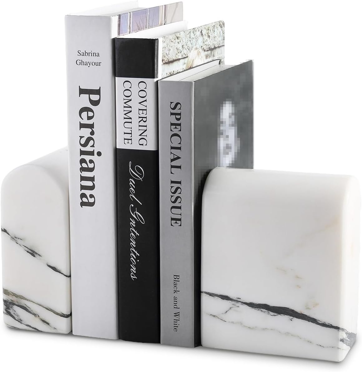 Koville Natural Italian Marble Bookends for Shelves, Book Ends for Heavy Books, 13LBS Ultra Heavy Duty Book Holders, Triumphal Arch Bookends Office Bookshelf Decor for CDs/Video Games(Bianco Carrara)
