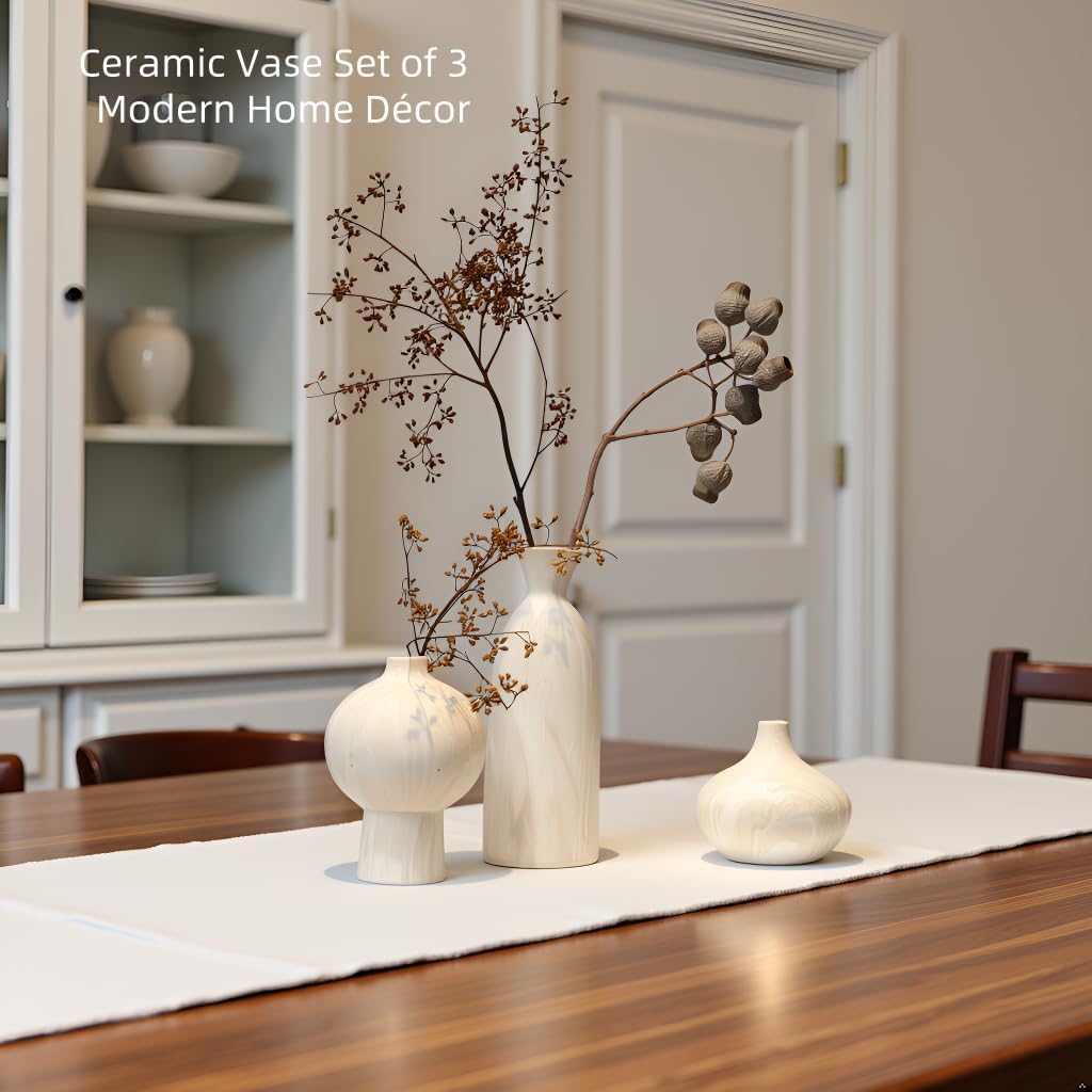 White Ceramic Vase Set of 3 in Beige, Modern Aesthetic Stone-Look Textured Pottery Vases for Shelf & Bookshelf Home Decor, Neutral Minimalist Decorative Vases for Flowers & Pampas Grass