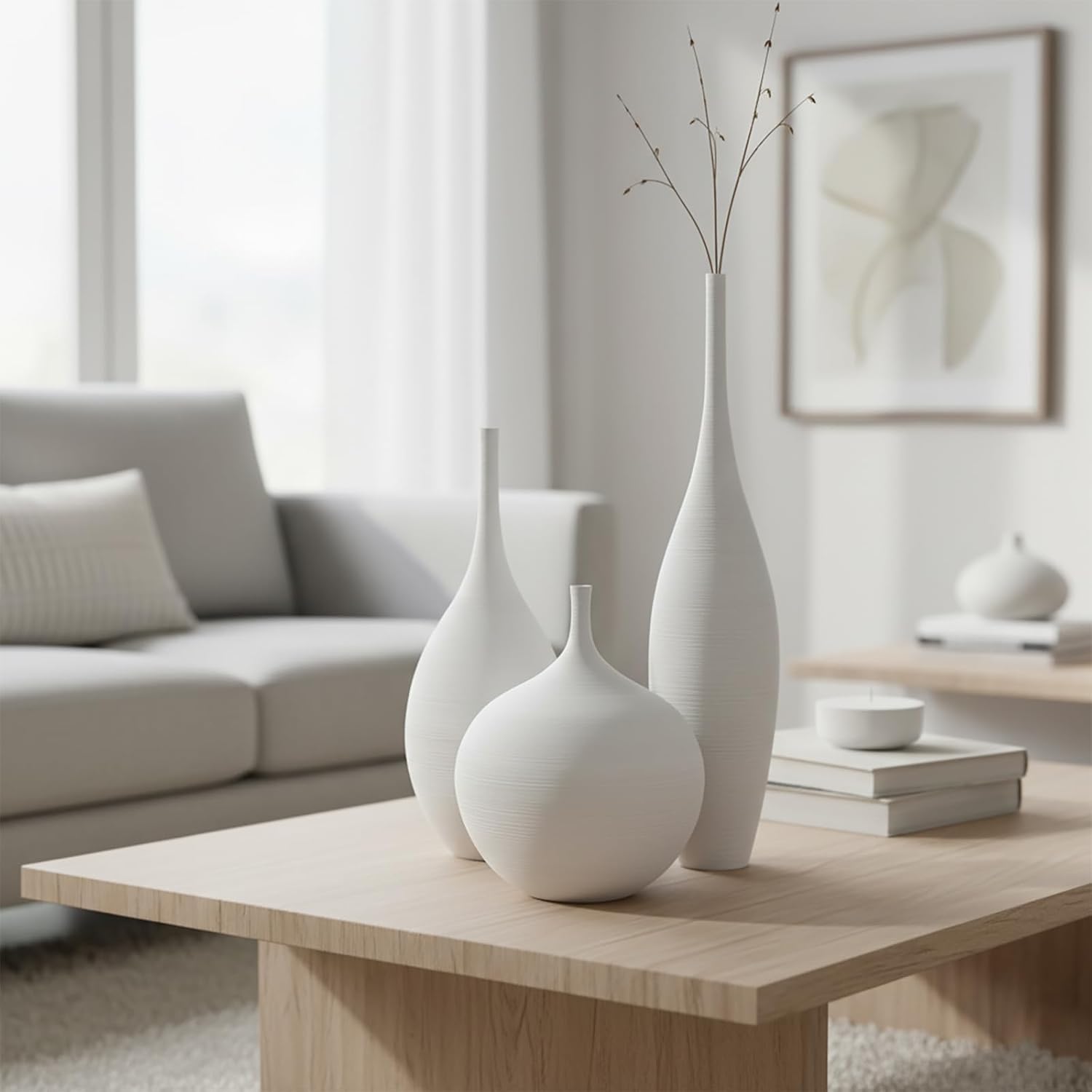 White Ceramic Vase Set of 3, Modern Boho Vases for Centerpiece Decor, Matte Minimalist Decorative White Vases Home Decor, for Living Room, Bookshelf, and Entryway Table Decor