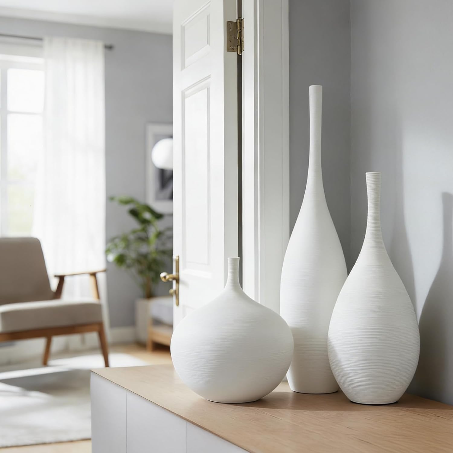 White Ceramic Vase Set of 3, Modern Boho Vases for Centerpiece Decor, Matte Minimalist Decorative White Vases Home Decor, for Living Room, Bookshelf, and Entryway Table Decor