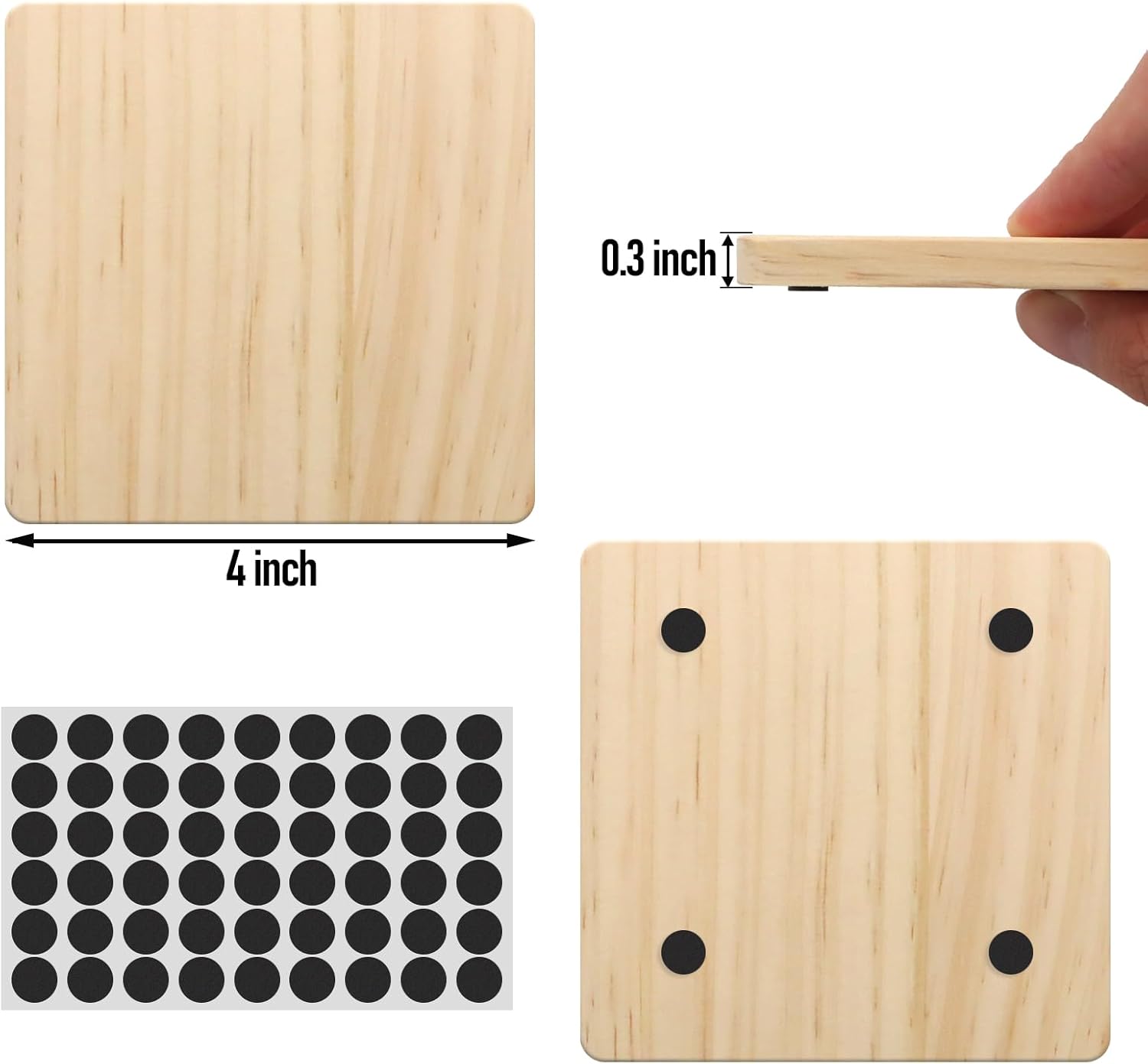 60 PCS Unfinished Square Wood Coasters, SIJDIEE 4 Inch Blank Wooden Craft Coasters with Non-Slip Foam Pad Stickers for DIY Burning Stained Painting Wood Engraving Home Decoration Supplies