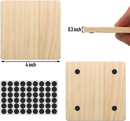 60 PCS Unfinished Square Wood Coasters, SIJDIEE 4 Inch Blank Wooden Craft Coasters with Non-Slip Foam Pad Stickers for DIY Burning Stained Painting Wood Engraving Home Decoration Supplies