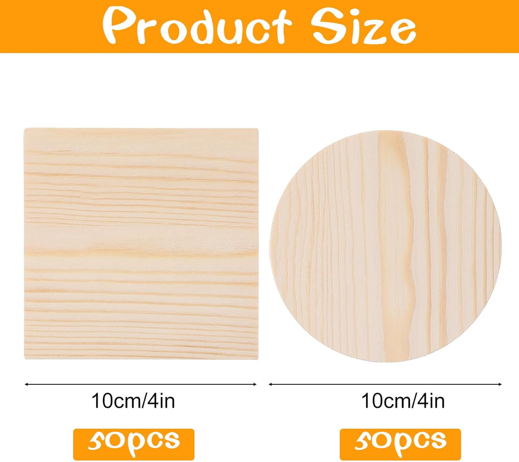 100 Pcs Unfinished Wood Coasters, 4 Inch Blank Wooden Coaster with Non Slip Foam Pad for DIY Stained Drawing Painting Wood Crafts Engraving Home Decoration Supplies(Round, Square)