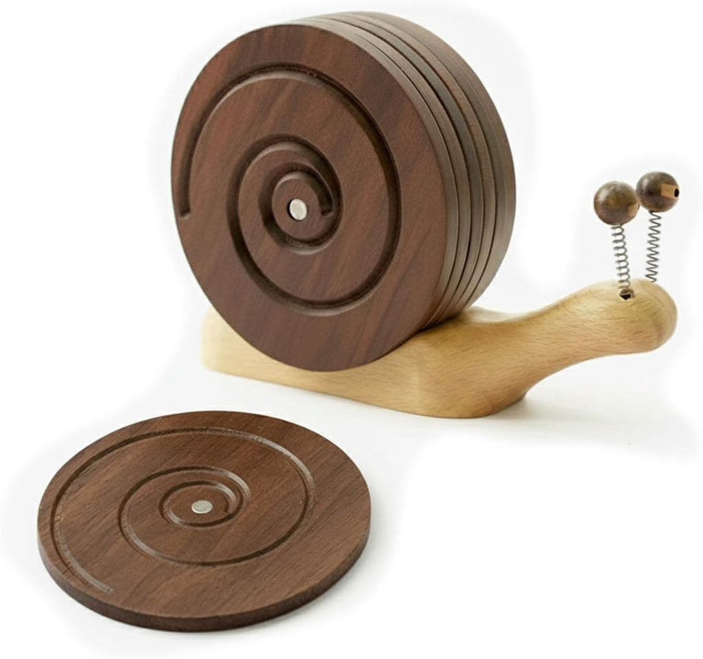 Magnetic Snail Wood Coasters for Drinks - Set of 6 Handcrafted Walnut Coaster Set with Holder. Non-Stick Spiral Grooves for Wooden Table Protection. Cute & Unique Housewarming Gift Decor
