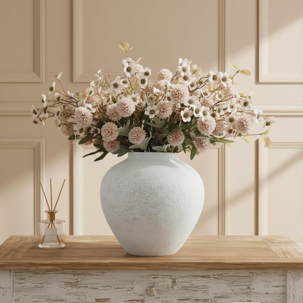 White Rustic Large Round Vase for Table Centerpieces 11 inches, Arina Vase, Earthy Stone Look, Textured, Modern Homes Farmhouse Centerpiece Decor