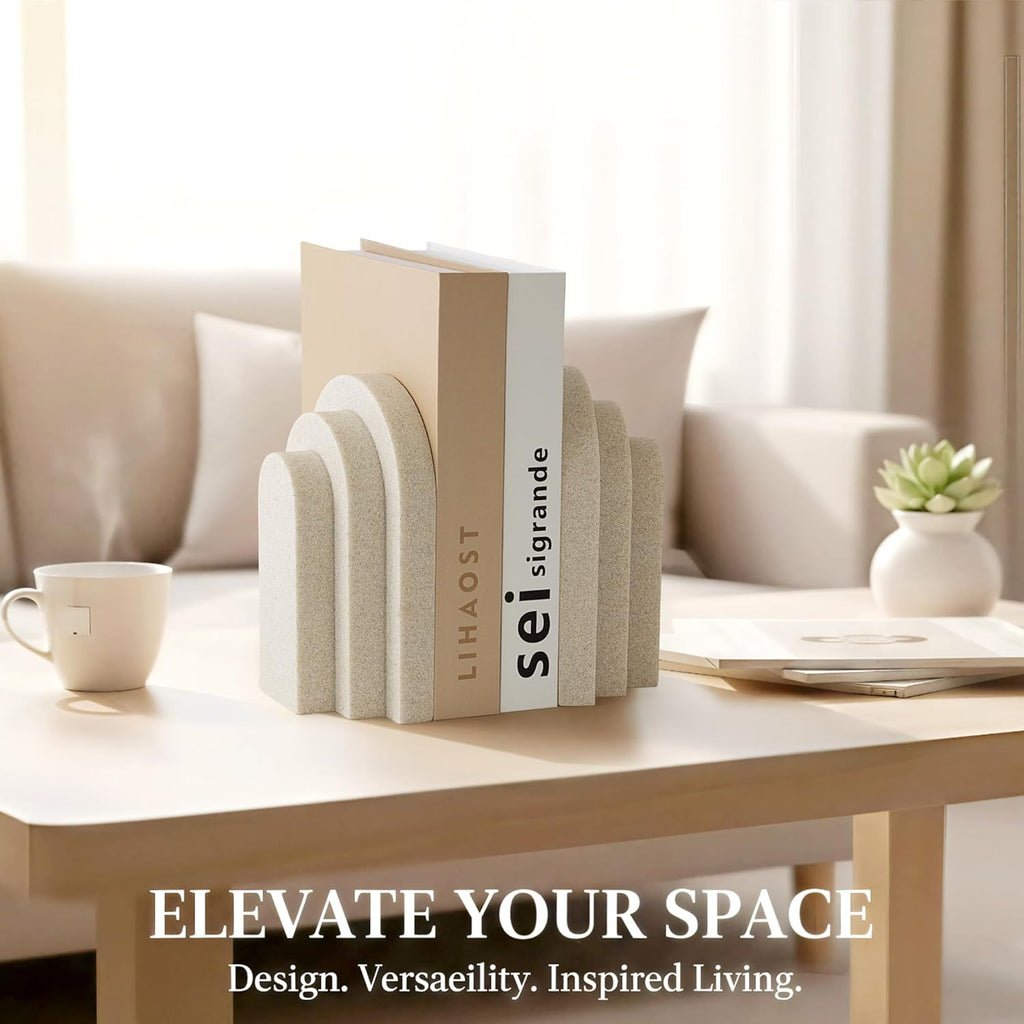 Heavy Duty Bookends for Shelves, 6.6 LBS Heavy Book Ends for Heavy Books, Decorative Modern Bookends with Faux Sandstone Look, Layered Arch Book Stopper for Bookshelf Holder Set of 2, Beige