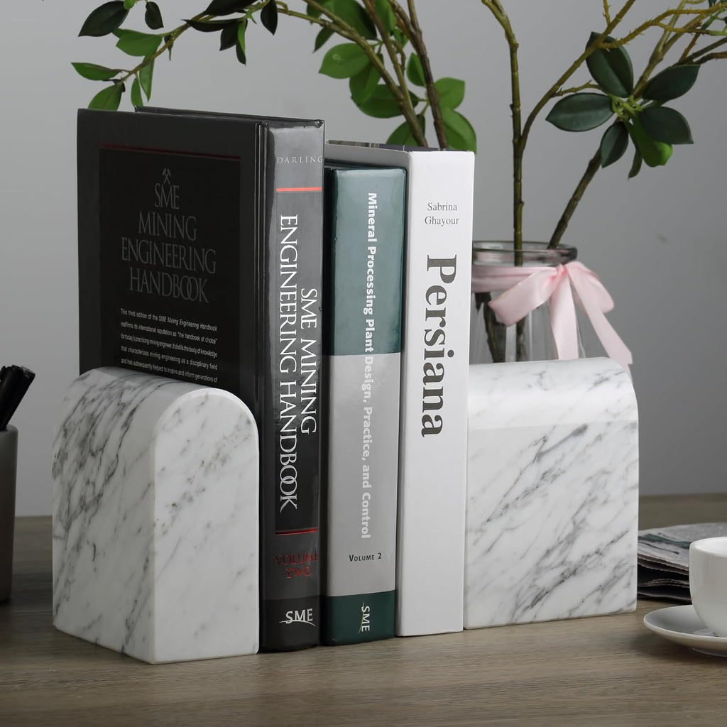 Koville Natural Italian Marble Bookends for Shelves, Book Ends for Heavy Books, 13LBS Ultra Heavy Duty Book Holders, Triumphal Arch Bookends Office Bookshelf Decor for CDs/Video Games(Bianco Carrara)