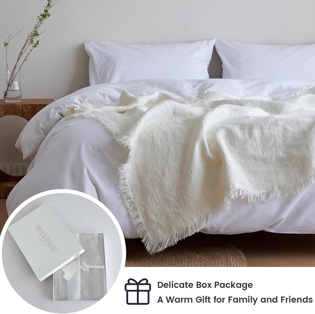 Simple&Opulence 100% Linen Throw Blanket 55x75 inches, Farmhouse Boho Tassel Blanket for Couch, Bed, Sofa, Breathable Natural Cozy Décor, White ﻿