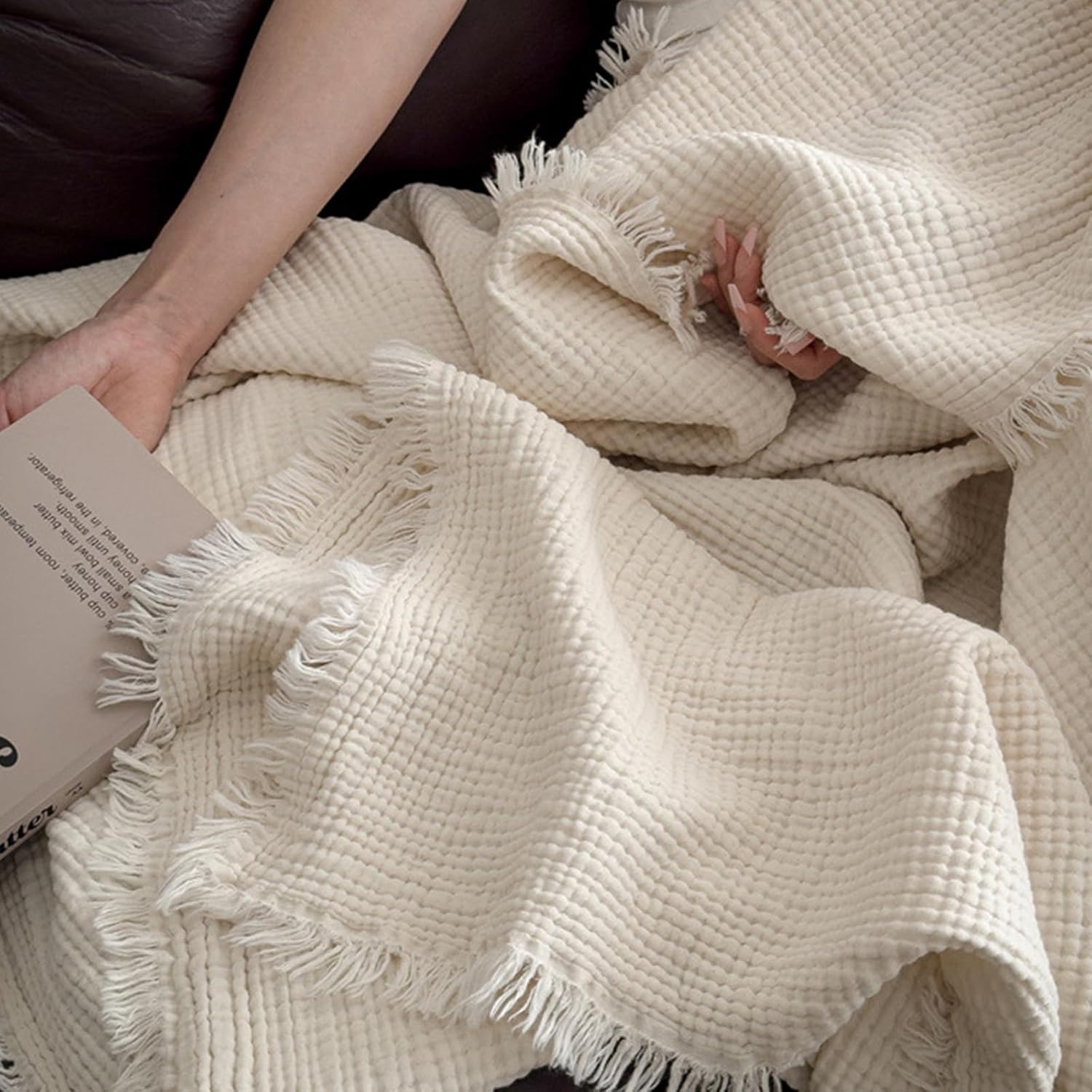 MorroMorn 100% Cotton Queen Size Bed Blanket 80"x90" Muslin Blanket with Fringes, 4-Layer Gauze Blankets for Adult, Boho Bedding Breathable Lightweight Ultra-Soft for All Seasons, Linen Beige