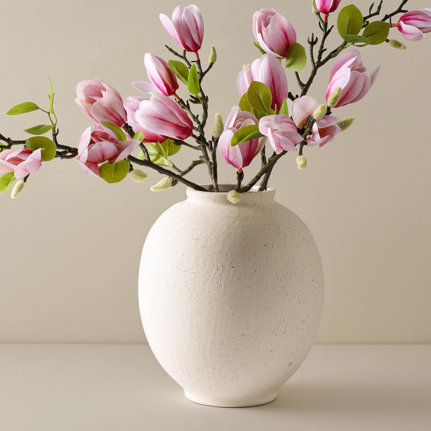 Large White Ceramic Vase, 9.8 inch Rustic Farmhouse Flowers Vase for Home Decor, Sandstone Texture Round Pottery Tall Vase Indoor for Table Living Room Decor