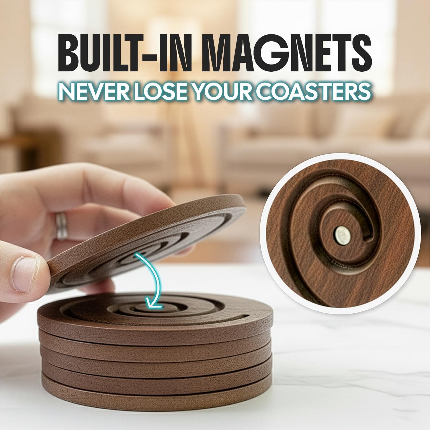 Magnetic Snail Wood Coasters for Drinks - Set of 6 Handcrafted Walnut Coaster Set with Holder. Non-Stick Spiral Grooves for Wooden Table Protection. Cute & Unique Housewarming Gift Decor