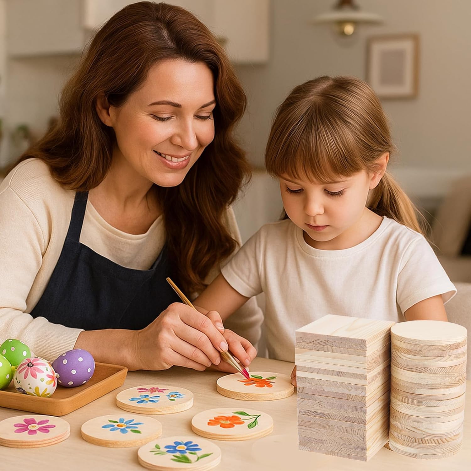 100 Pcs Unfinished Wood Coasters, 4 Inch Blank Wooden Coaster with Non Slip Foam Pad for DIY Stained Drawing Painting Wood Crafts Engraving Home Decoration Supplies(Round, Square)