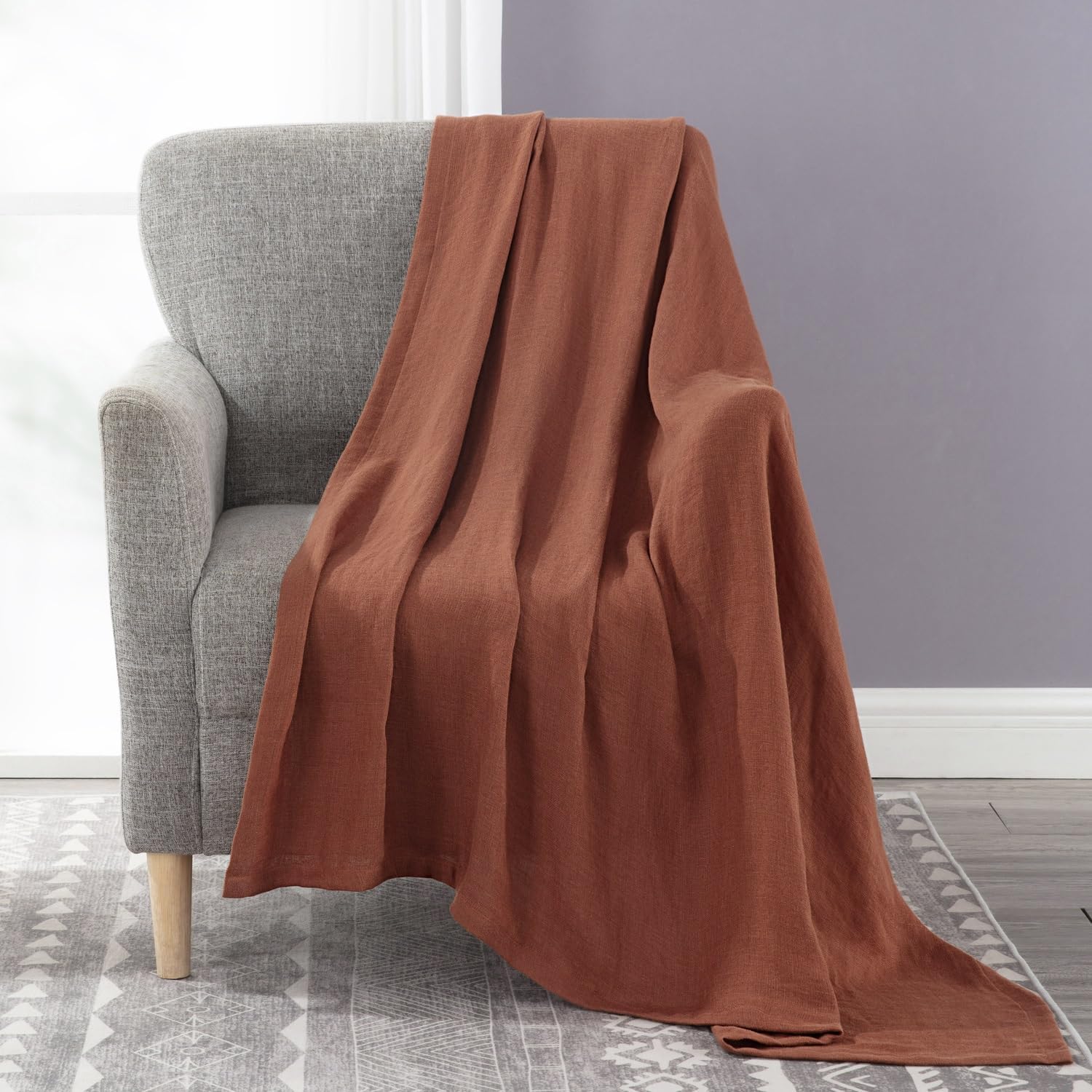 Chezmoi Collection Brussels Belgian Flax Linen Throw Blanket, 50" x 70" - Pre-Washed Super Soft Lightweight Breathable Summer Blanket Gray/Orange Color for Living Room Couch & Bed