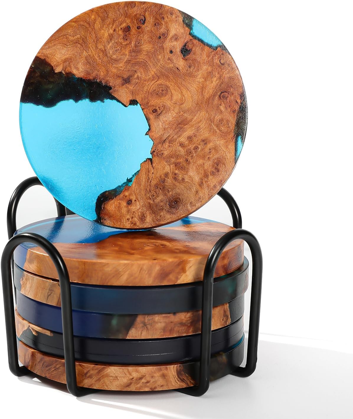 Drink Coaster Set, Wooden Absorbent Coasters, Epoxy Resin Coaster for Coffee Table, Tabletop Protection Decor, Set of 5 with Holder