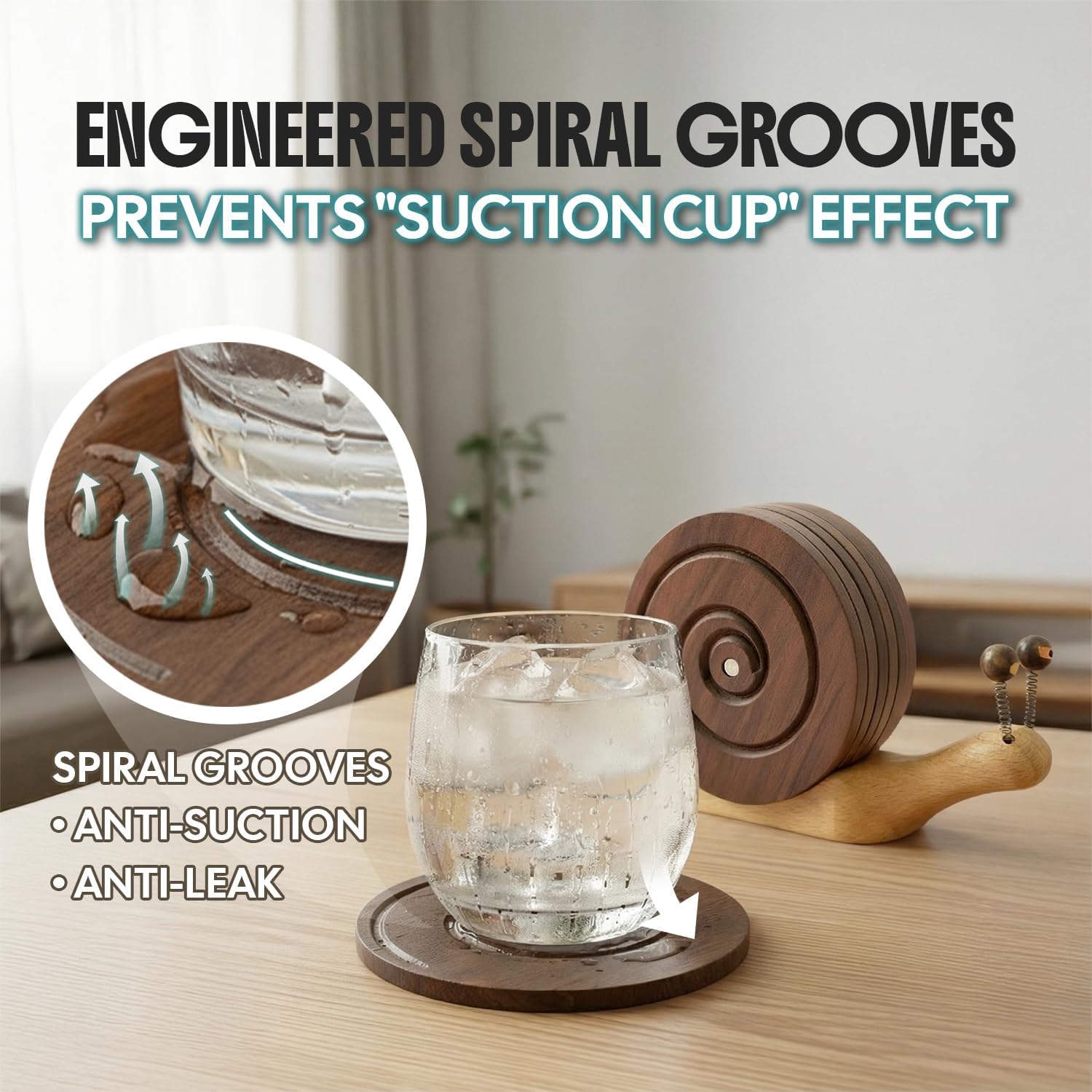 Magnetic Snail Wood Coasters for Drinks - Set of 6 Handcrafted Walnut Coaster Set with Holder. Non-Stick Spiral Grooves for Wooden Table Protection. Cute & Unique Housewarming Gift Decor