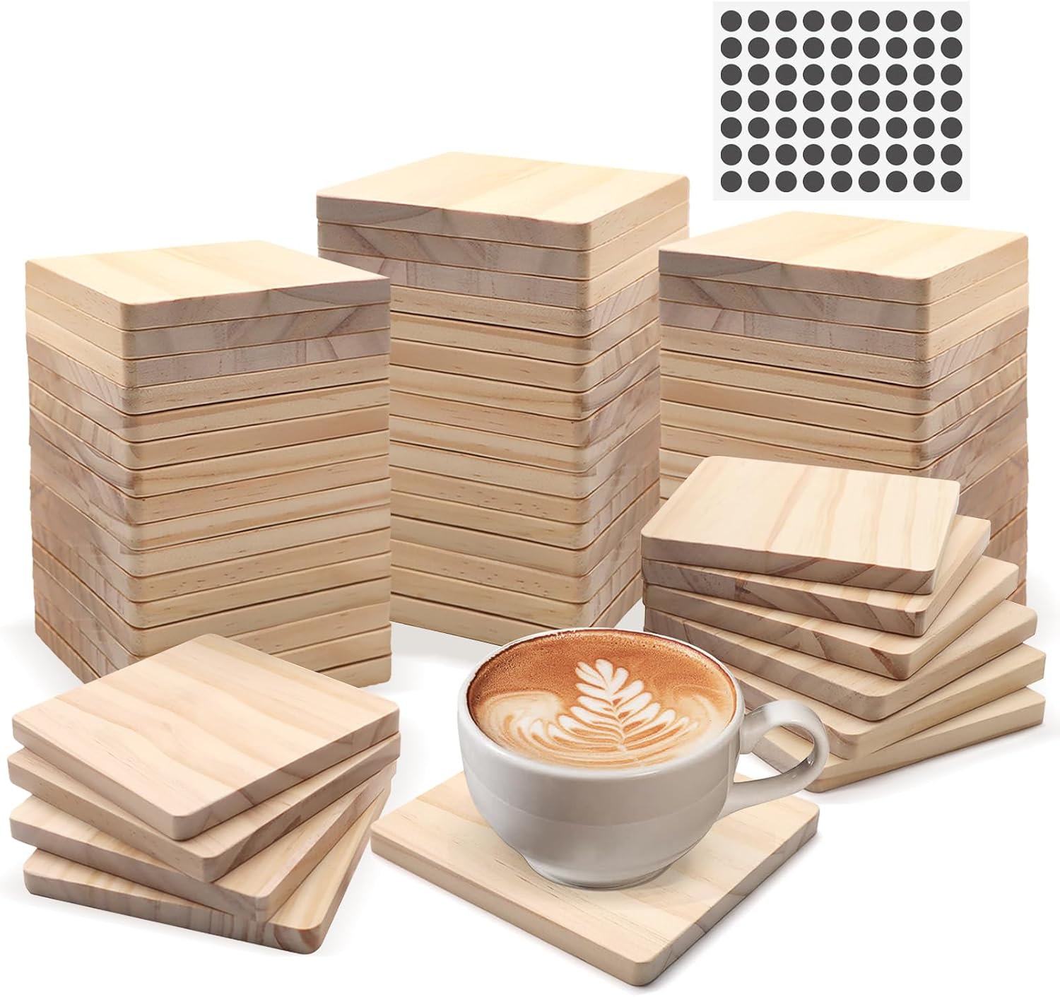 60 PCS Unfinished Square Wood Coasters, SIJDIEE 4 Inch Blank Wooden Craft Coasters with Non-Slip Foam Pad Stickers for DIY Burning Stained Painting Wood Engraving Home Decoration Supplies