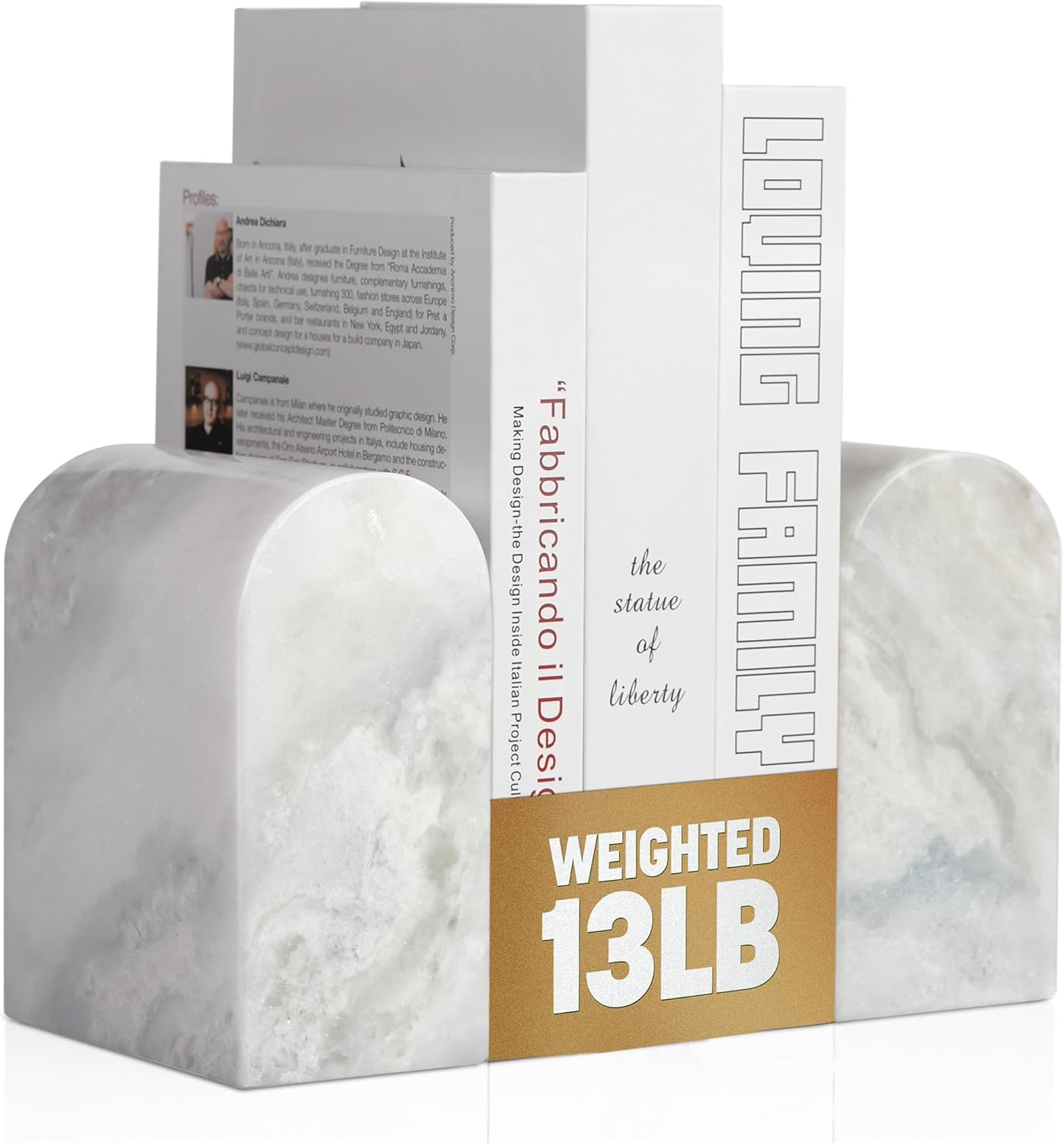 Koville Natural Italian Marble Bookends for Shelves, Book Ends for Heavy Books, 13LBS Ultra Heavy Duty Book Holders, Triumphal Arch Bookends Office Bookshelf Decor for CDs/Video Games(Bianco Carrara)