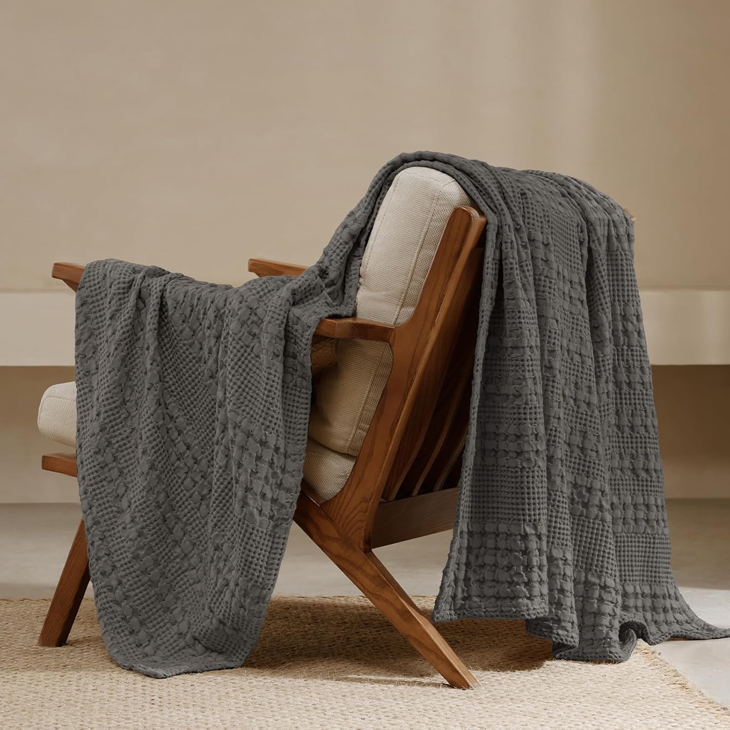 PHF 100% Cotton Waffle Weave Blanket King Size for Bed, Soft Lightweight & Breathable, All-Season Comfort, 300 GSM Luxury Aesthetic Blanket for Home Decor, 108"x90", Oatmeal