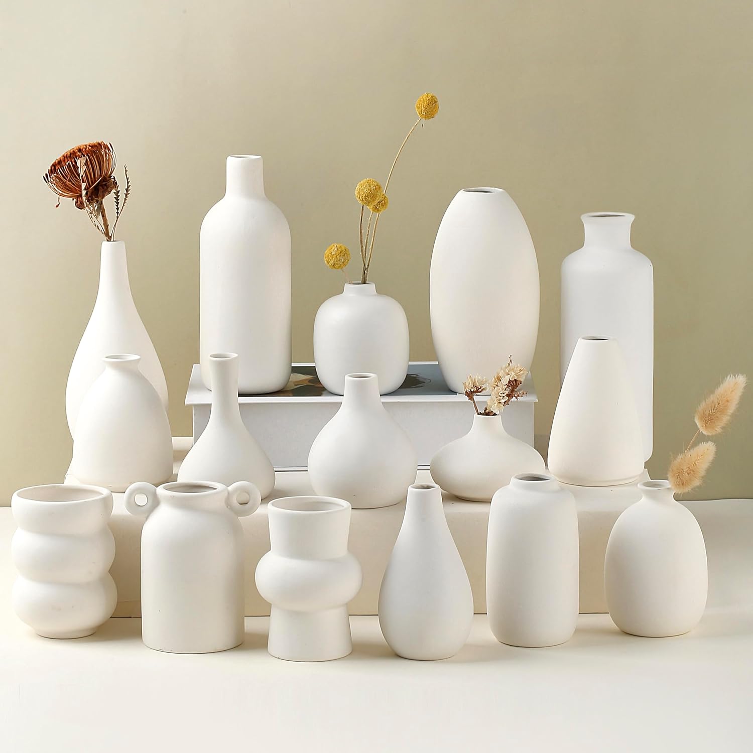 Set of 12 White Ceramic Vase for Pampas Grass Flowers, Japandi Small Vases in Bulk for Wedding Centerpieces, Shelf and Table Decorations, Living Room and Bedroom Decor, DIY Gift