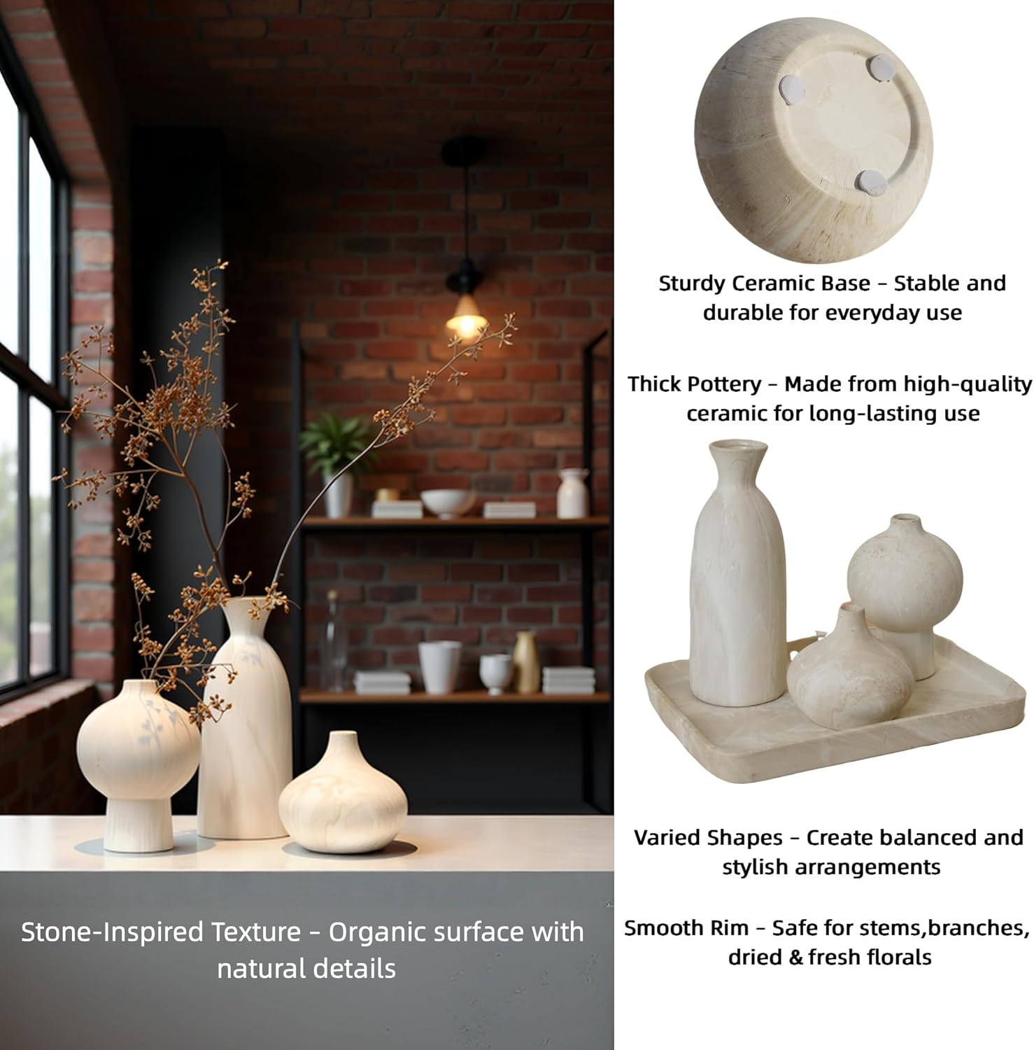 White Ceramic Vase Set of 3 in Beige, Modern Aesthetic Stone-Look Textured Pottery Vases for Shelf & Bookshelf Home Decor, Neutral Minimalist Decorative Vases for Flowers & Pampas Grass