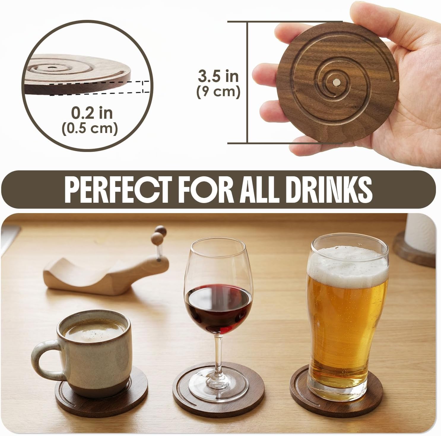 Magnetic Snail Wood Coasters for Drinks - Set of 6 Handcrafted Walnut Coaster Set with Holder. Non-Stick Spiral Grooves for Wooden Table Protection. Cute & Unique Housewarming Gift Decor