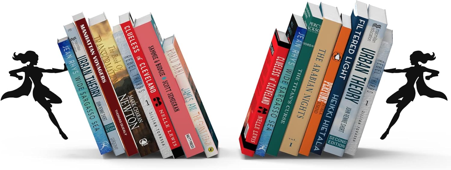 Artori Design Book Ends to Hold Books Heavy Duty Hidden Metal Bookends for Shelves Bookend Book Holder for Home Decorative Gift for Book End Lovers and Home Décor (Supergal+Book&Hero)