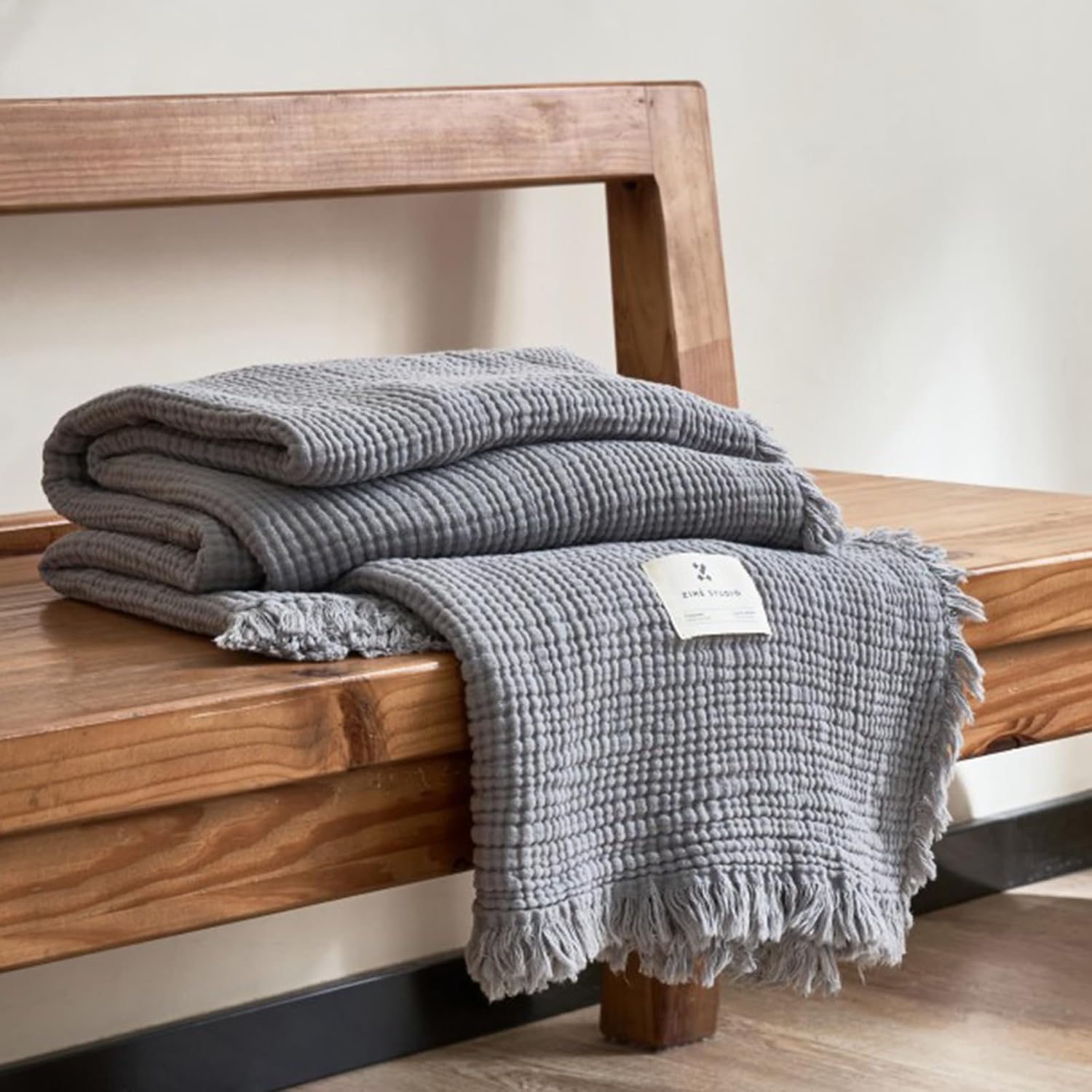 MorroMorn 100% Cotton Queen Size Bed Blanket 80"x90" Muslin Blanket with Fringes, 4-Layer Gauze Blankets for Adult, Boho Bedding Breathable Lightweight Ultra-Soft for All Seasons, Linen Beige