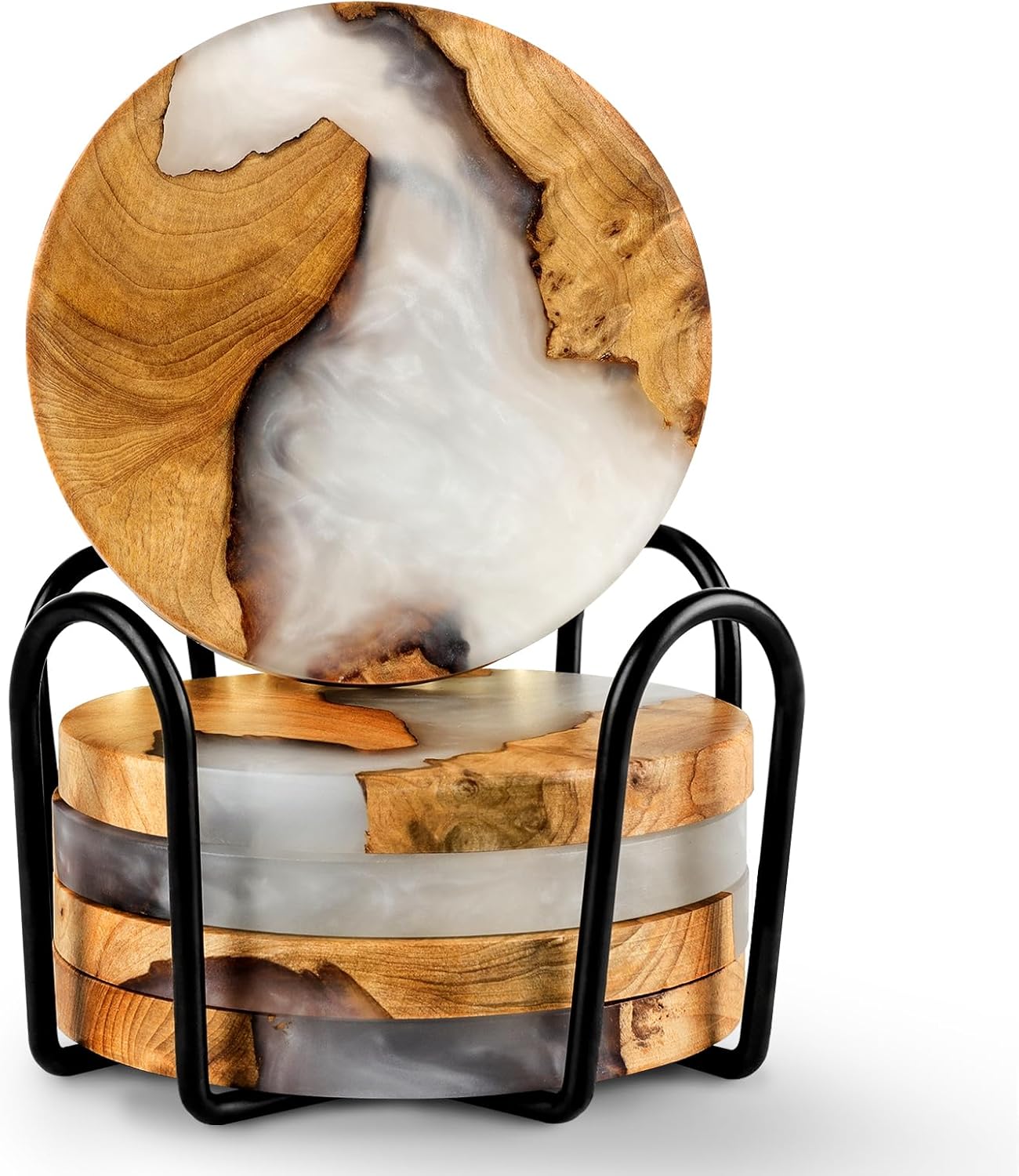 Drink Coaster Set, Wooden Coasters, Resin Coaster for Coffee Table, Tabletop Decorative Artwork, Unique, Handmade & Aesthetically Pleasing for Home, Office, Bar Decor,Coasters Set of 6 with Holder(6)