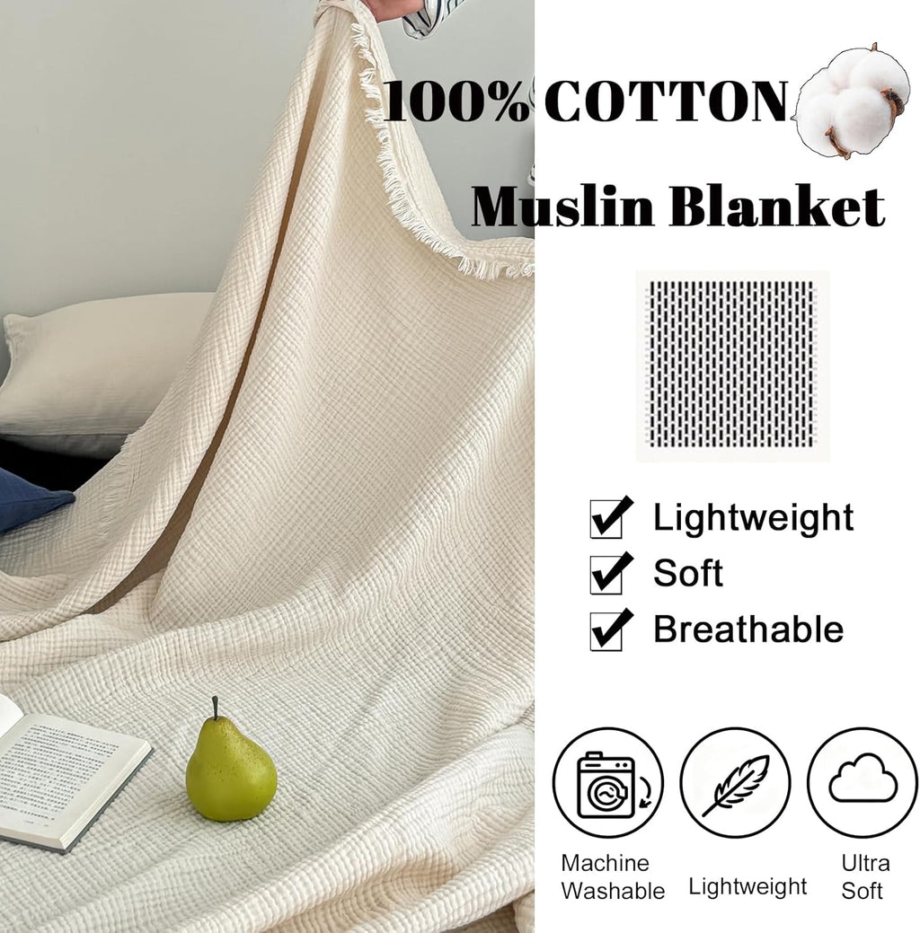 MorroMorn 100% Cotton Queen Size Bed Blanket 80"x90" Muslin Blanket with Fringes, 4-Layer Gauze Blankets for Adult, Boho Bedding Breathable Lightweight Ultra-Soft for All Seasons, Linen Beige