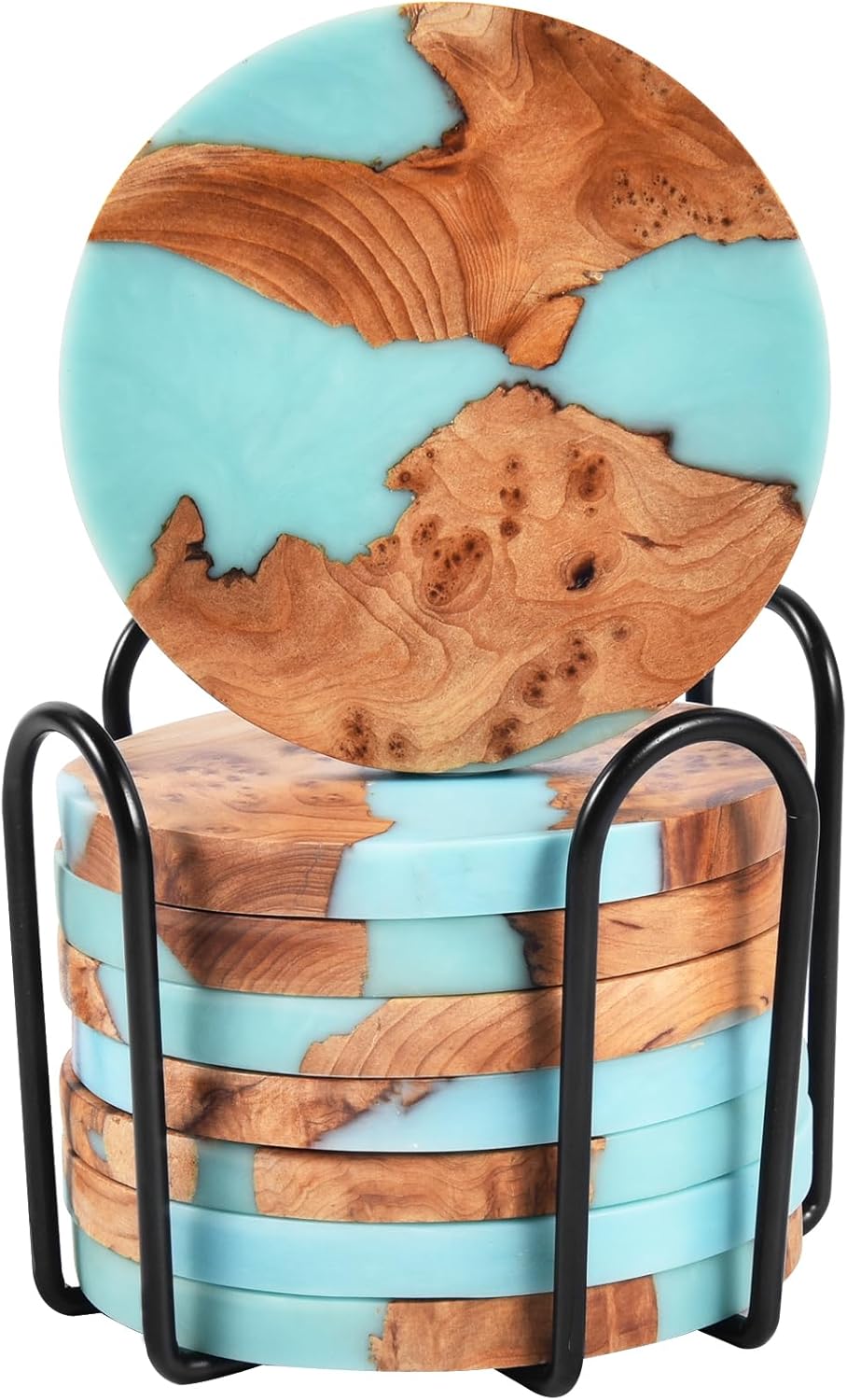 Drink Coaster Set, Wooden Absorbent Coasters, Epoxy Resin Coaster for Coffee Table, Tabletop Protection Decor, Set of 5 with Holder