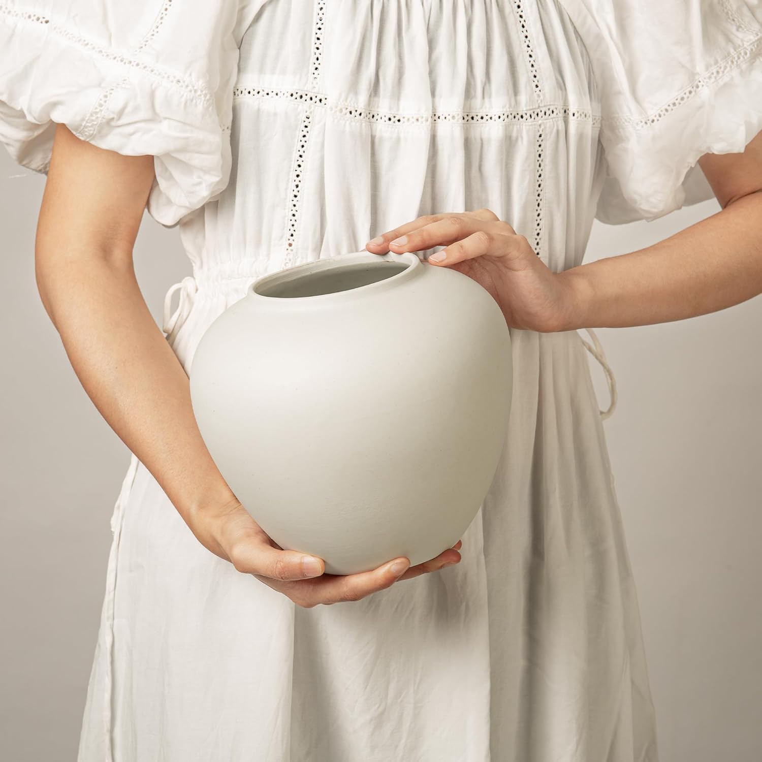 Ceramic Vase, White Color, Modern Minimalist Textured Vase for Home Decor, Bookshelf & Coffee Table Decor (White, 7" (18cm))