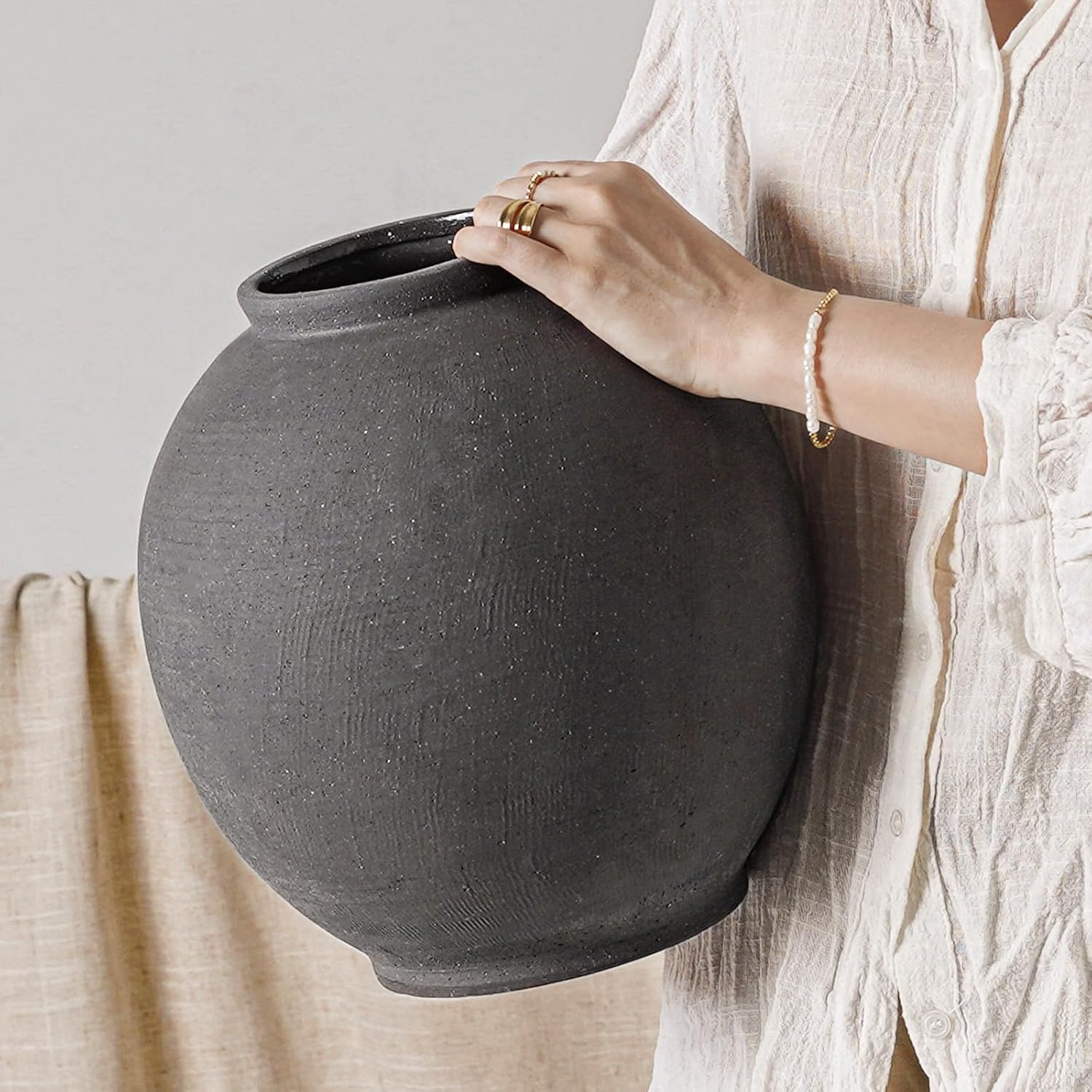 Large White Ceramic Vase - 9.8 Inch Rustic Farmhouse Vase for Home Decor, Minimalist Tall Vases for Living Room, Table, Bathroom, Holiday & Weddings (Sandstone White)