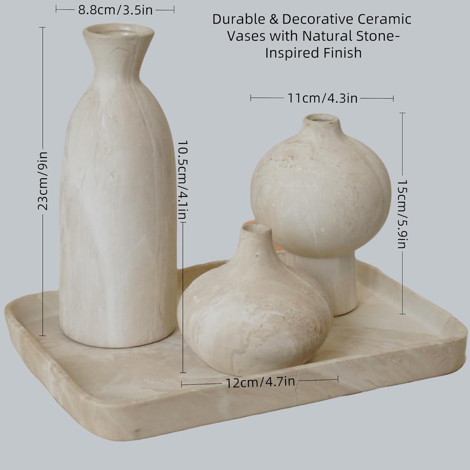 White Ceramic Vase Set of 3 in Beige, Modern Aesthetic Stone-Look Textured Pottery Vases for Shelf & Bookshelf Home Decor, Neutral Minimalist Decorative Vases for Flowers & Pampas Grass