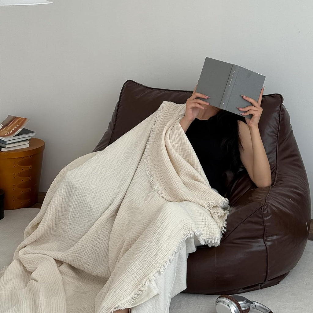 MorroMorn 100% Cotton Queen Size Bed Blanket 80"x90" Muslin Blanket with Fringes, 4-Layer Gauze Blankets for Adult, Boho Bedding Breathable Lightweight Ultra-Soft for All Seasons, Linen Beige