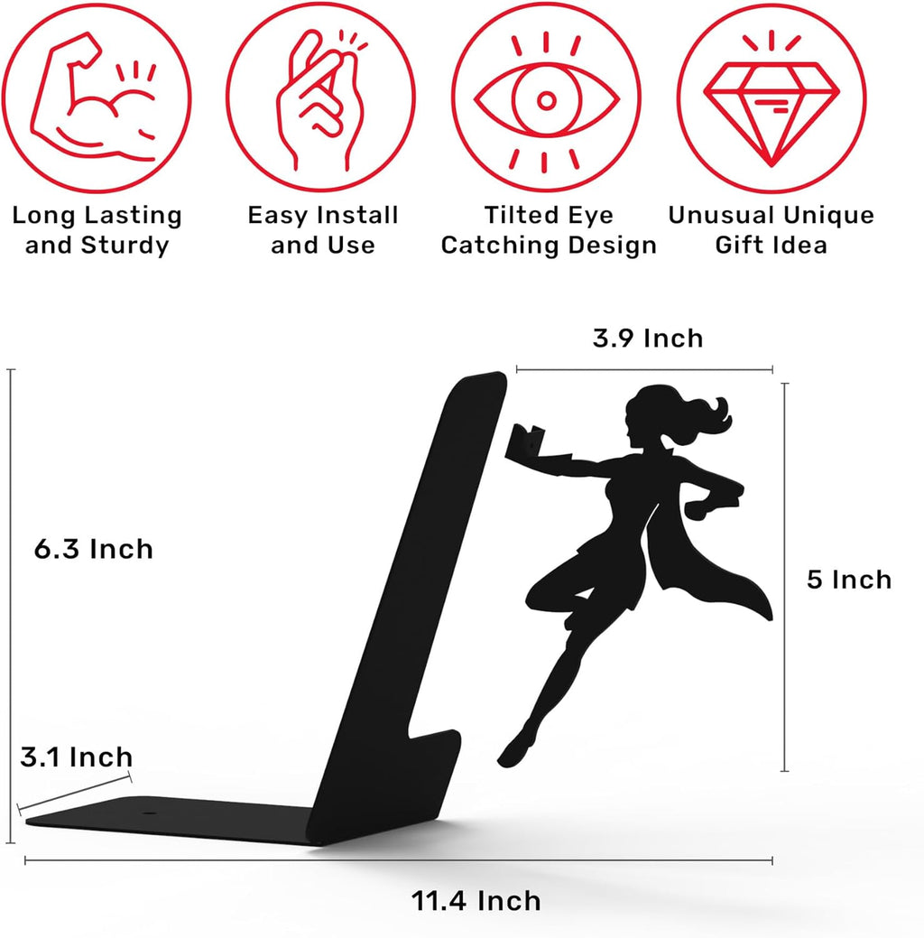 Artori Design Book Ends to Hold Books Heavy Duty Hidden Metal Bookends for Shelves Bookend Book Holder for Home Decorative Gift for Book End Lovers and Home Décor (Supergal+Book&Hero)