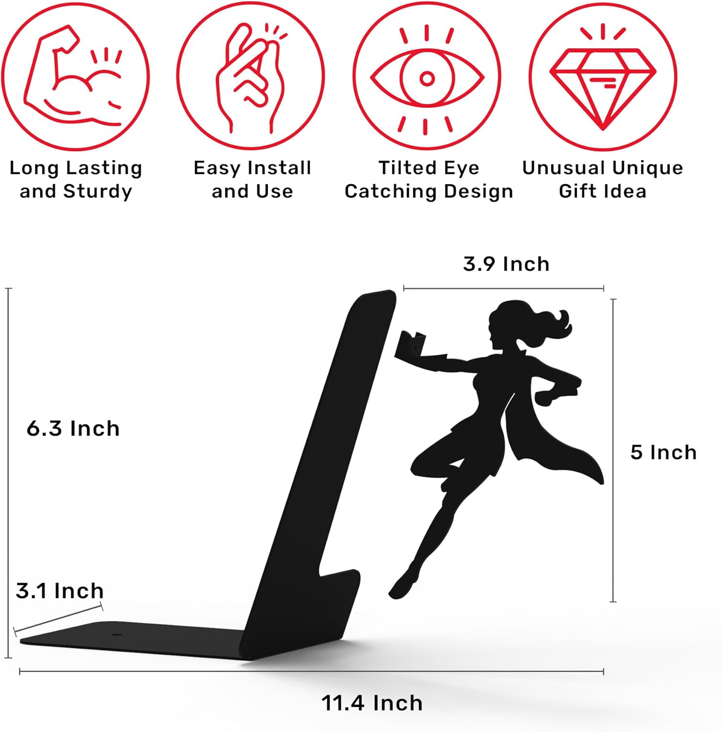 Artori Design Book Ends to Hold Books Heavy Duty Hidden Metal Bookends for Shelves Bookend Book Holder for Home Decorative Gift for Book End Lovers and Home Décor (Supergal+Book&Hero)