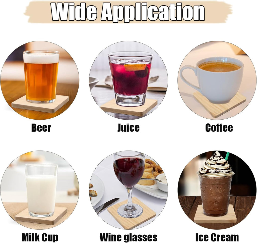 60 PCS Unfinished Square Wood Coasters, SIJDIEE 4 Inch Blank Wooden Craft Coasters with Non-Slip Foam Pad Stickers for DIY Burning Stained Painting Wood Engraving Home Decoration Supplies