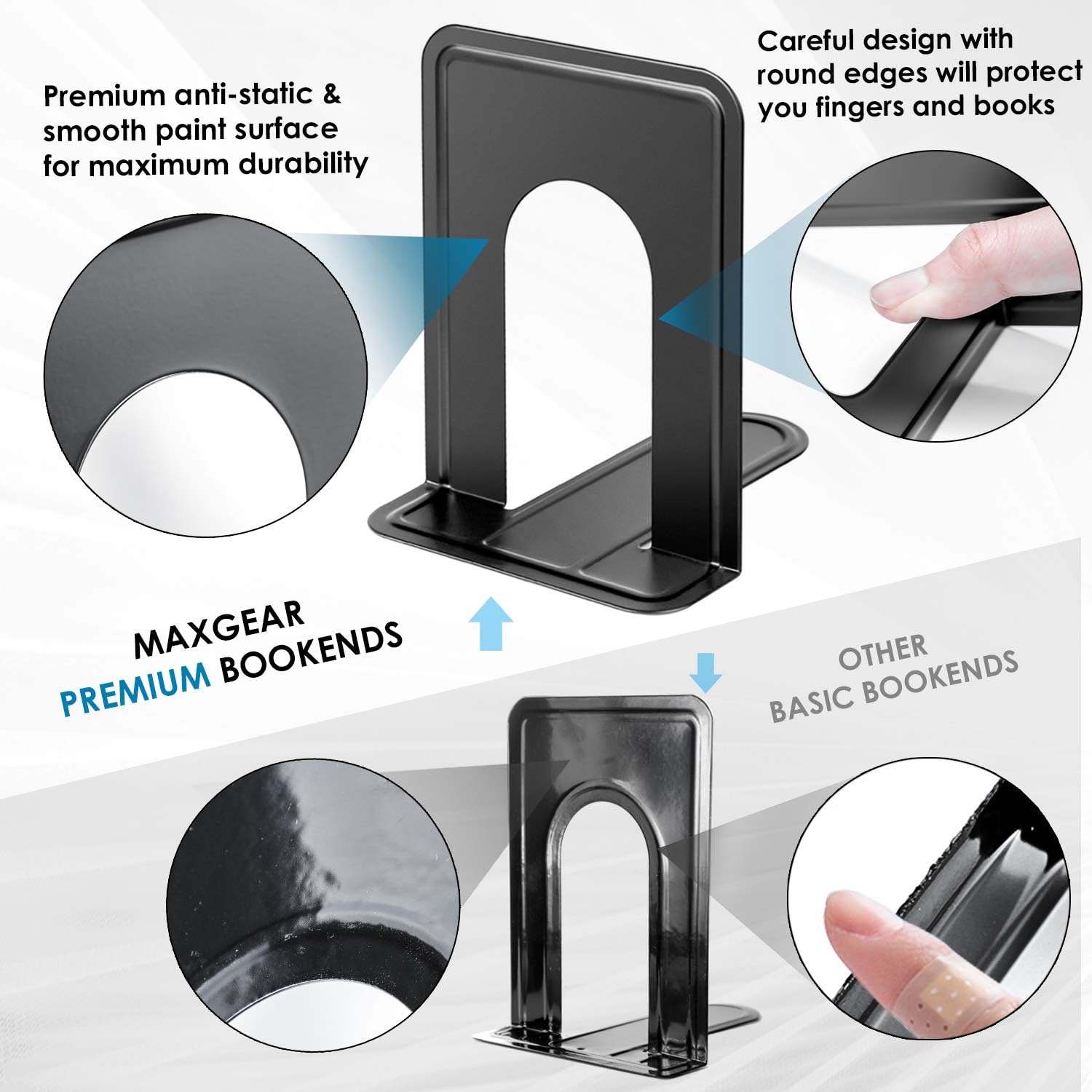 MaxGear Book Ends Universal Premium Bookends for Shelves, Non-Skid Bookend, Heavy Duty Metal Book Stopper for Books/Movies/CDs/Video Games, 6 x 4.6 x 6 in, Black,8 Pairs/16 Pieces, Large