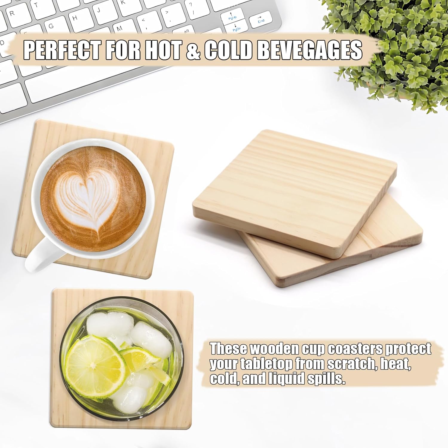 60 PCS Unfinished Square Wood Coasters, SIJDIEE 4 Inch Blank Wooden Craft Coasters with Non-Slip Foam Pad Stickers for DIY Burning Stained Painting Wood Engraving Home Decoration Supplies