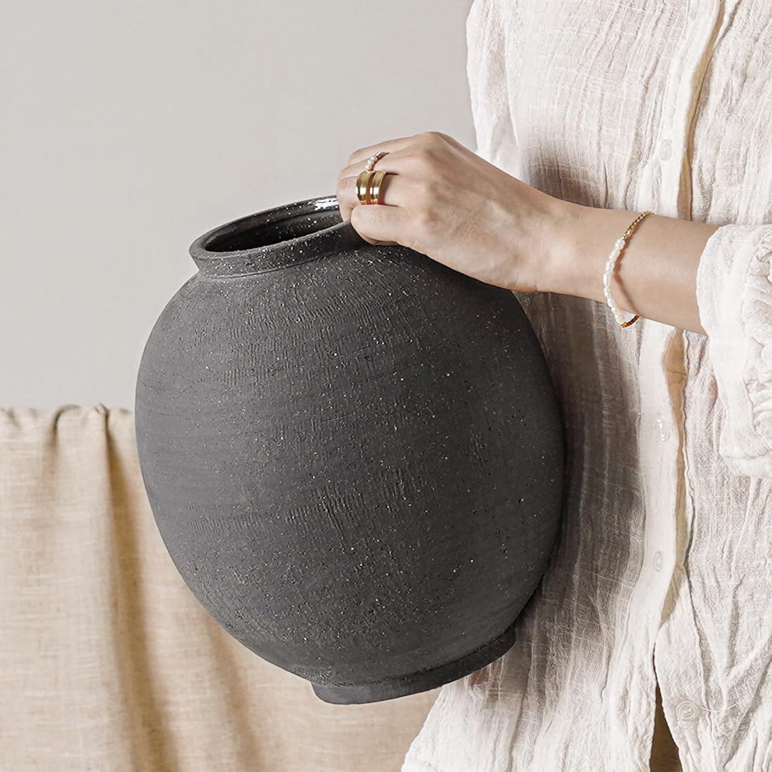 Large White Ceramic Vase - 9.8 Inch Rustic Farmhouse Vase for Home Decor, Minimalist Tall Vases for Living Room, Table, Bathroom, Holiday & Weddings (Sandstone White)