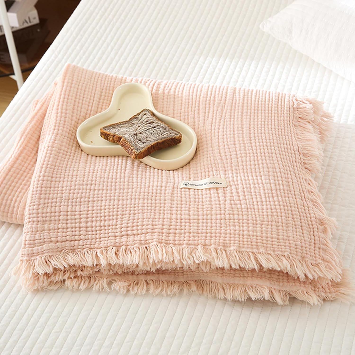 MorroMorn 100% Cotton Queen Size Bed Blanket 80"x90" Muslin Blanket with Fringes, 4-Layer Gauze Blankets for Adult, Boho Bedding Breathable Lightweight Ultra-Soft for All Seasons, Linen Beige